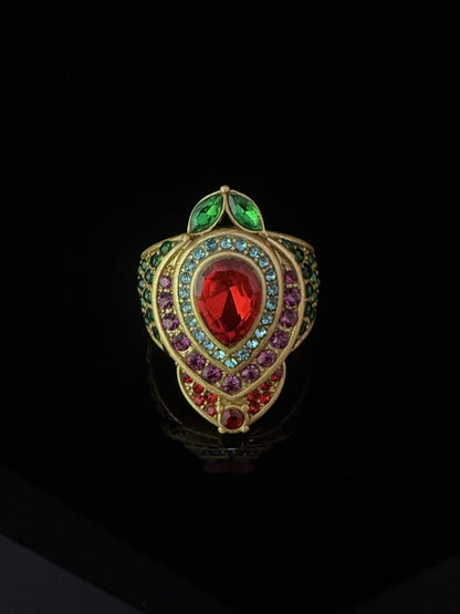 Vintage Heavy Brass Gold-Plated Ring with Green Agate and Red Glass Cabochon, Adjustable Open Band