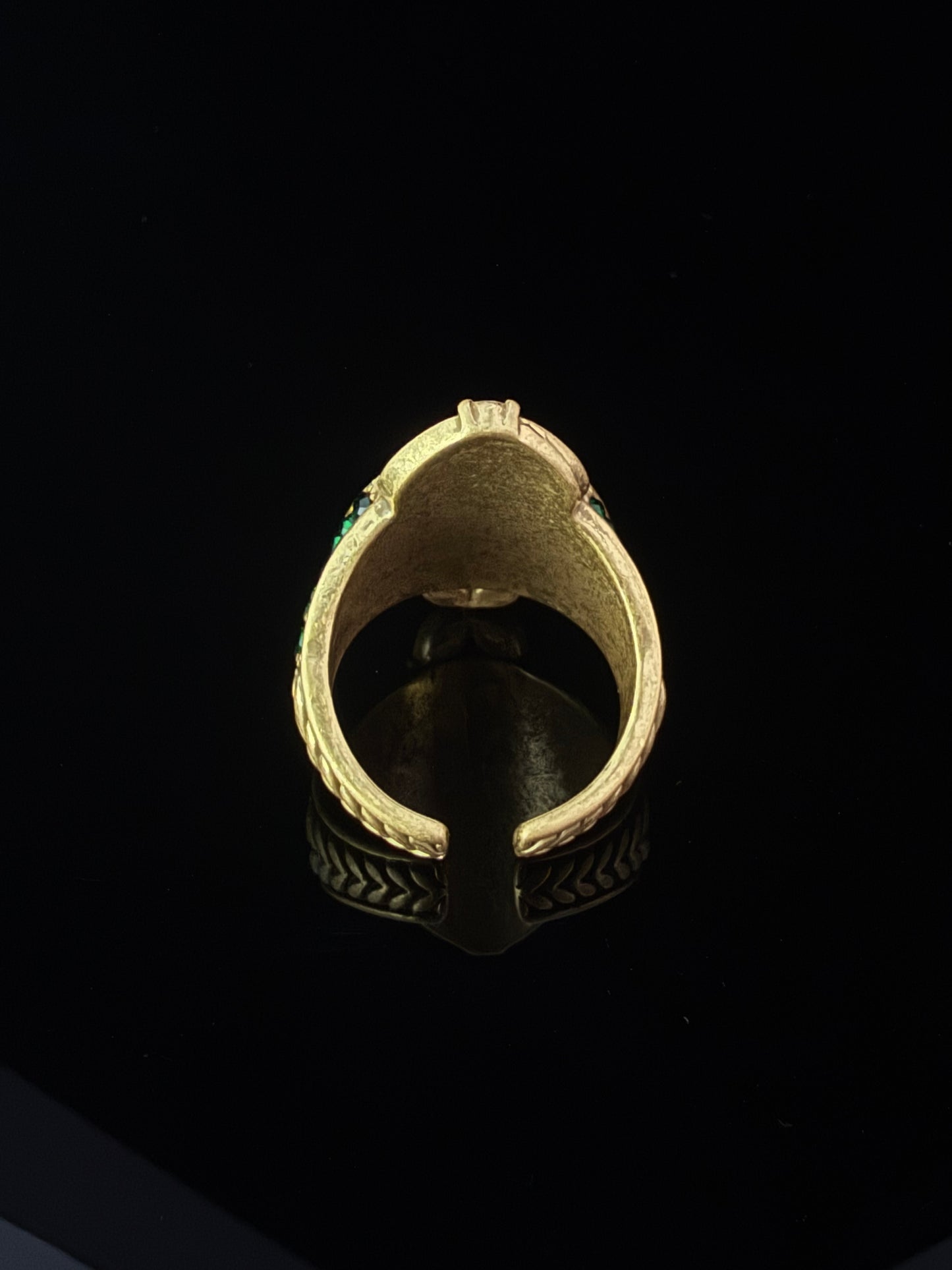 Vintage Heavy Brass Gold-Plated Ring with Green Agate and Red Glass Cabochon, Adjustable Open Band