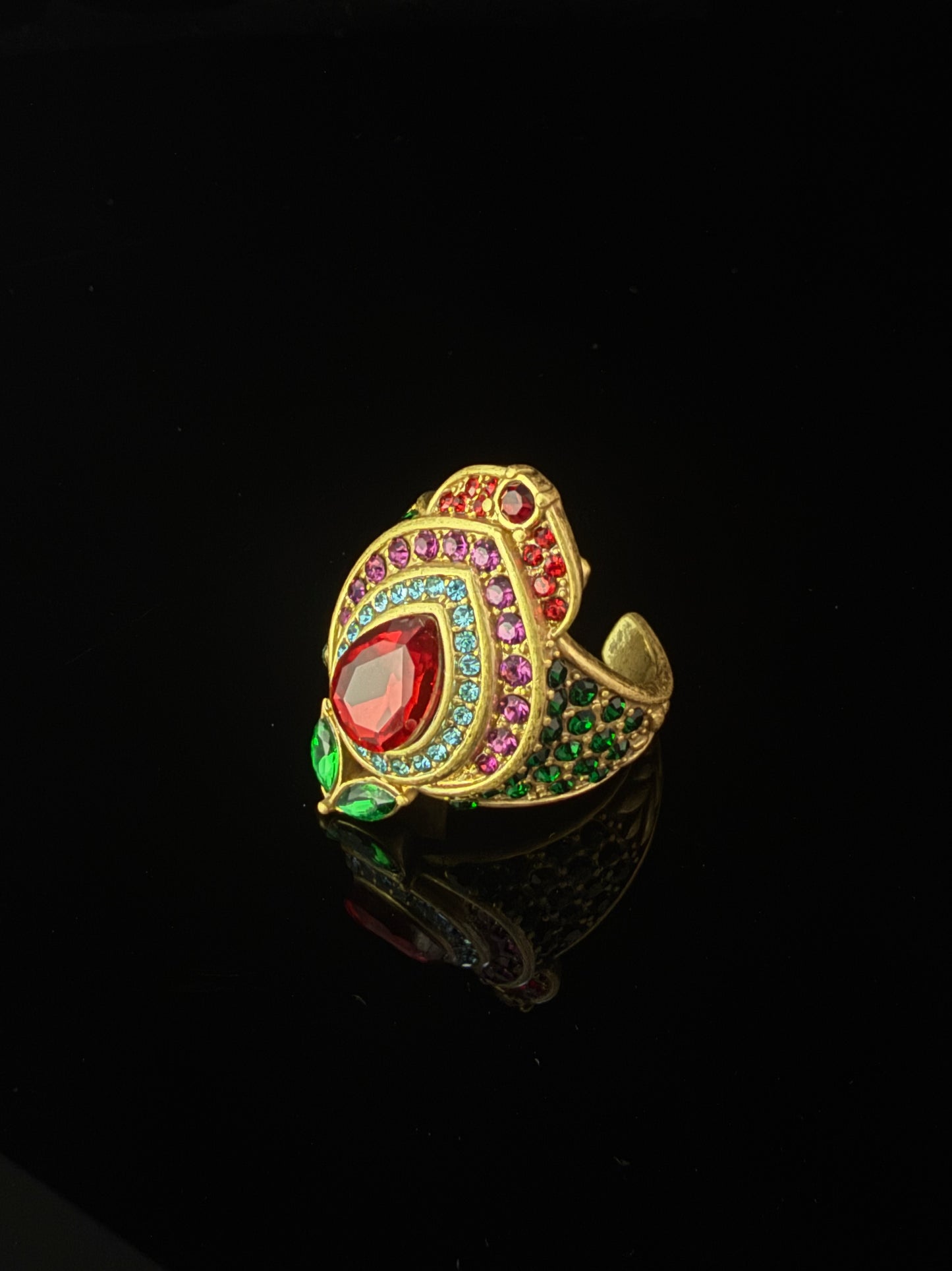 Vintage Heavy Brass Gold-Plated Ring with Green Agate and Red Glass Cabochon, Adjustable Open Band