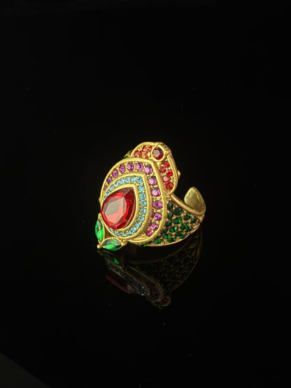 Vintage Heavy Brass Gold-Plated Ring with Green Agate and Red Glass Cabochon, Adjustable Open Band