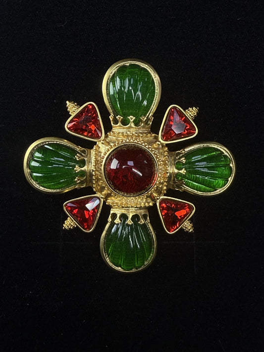 Vintage Heavy Craft French Court-Style Brass Gold-Plated Cross Emblem Brooch with Red and Green Glass Inlay