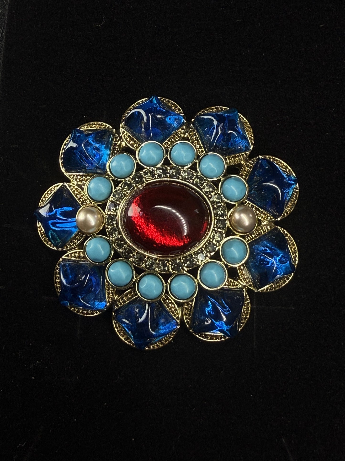 Vintage Luxe Gold-Plated Brass Court-Style Brooch with Blue and Green Glass & Turquoise Inlay