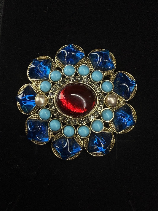 Vintage Luxe Gold-Plated Brass Court-Style Brooch with Blue and Green Glass & Turquoise Inlay