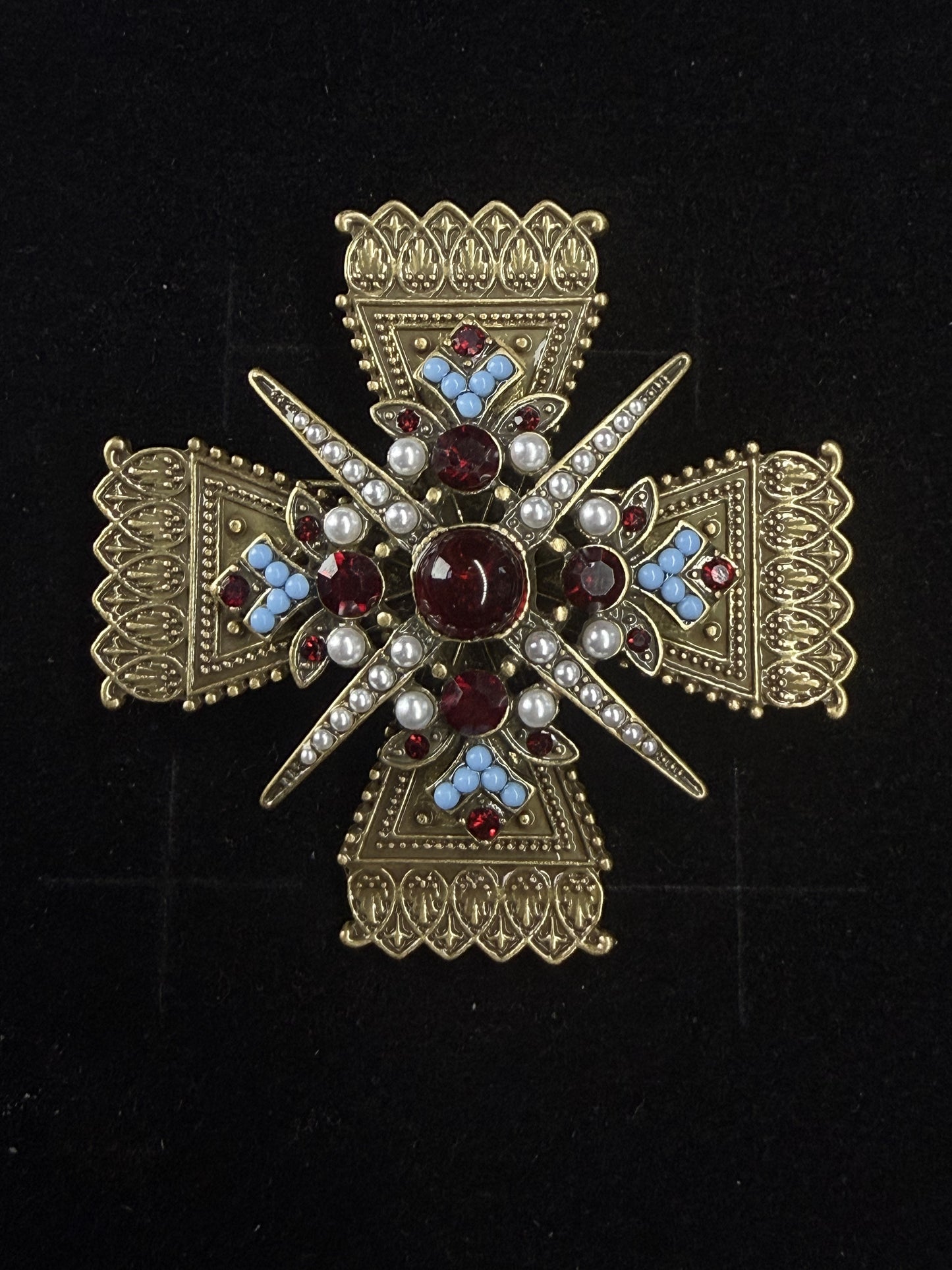 Vintage Heavy Craft French Court-Style Brass Gold-Plated Cross Emblem Brooch with Red and Green Glass Inlay