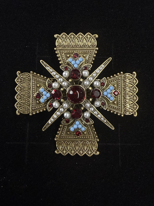 Vintage Heavy Craft French Court-Style Brass Gold-Plated Cross Emblem Brooch with Red and Green Glass Inlay