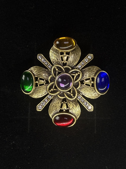 Vintage Heavy Craft Gold-Plated Brass Maltese Cross Brooch with Four-Color Natural Stone Inlay