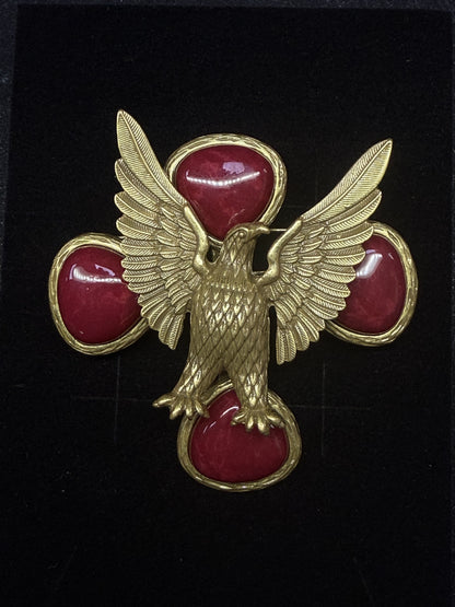 Vintage Heavy Craft Gold-Plated Brass 3D Carved Eagle Brooch with Red Glass Inlay