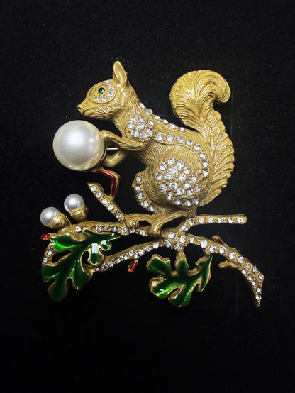 Vintage Heavy Craft Brass 18K Gold Plated Classic Squirrel on Tree Branch Brooch