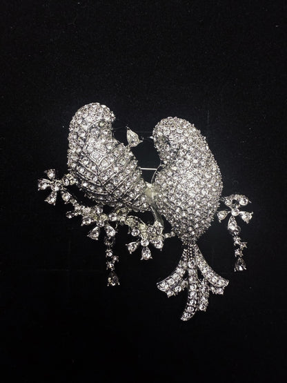 Vintage Classic Gold-Plated Brass Czeck Crystal Inlaid Couple Bird Brooch