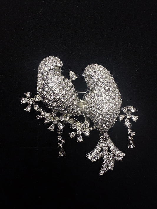 Vintage Classic Gold-Plated Brass Czeck Crystal Inlaid Couple Bird Brooch