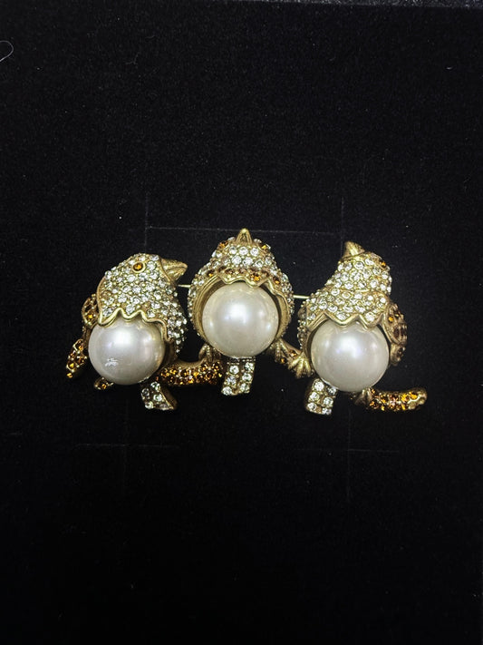 Vintage Heavy Craft Gold-Plated Brass Brooch with Czech Crystals and Freshwater Pearls - Three Little Birds