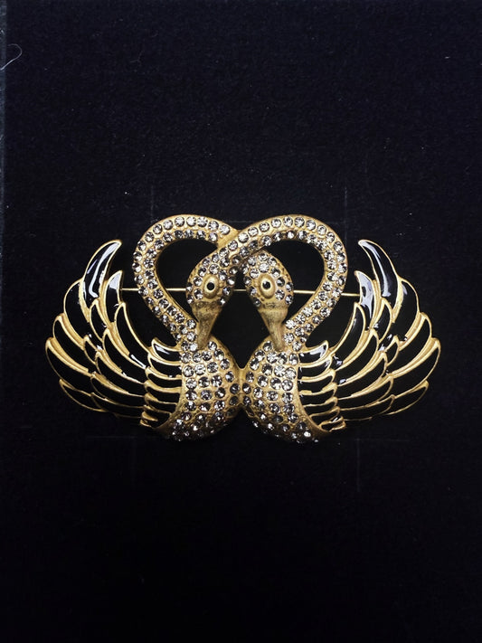 Antique Heavy Craft Gold-Plated Brass Brooch with Czech Crystals and Black Enamel - Twin Swans Design