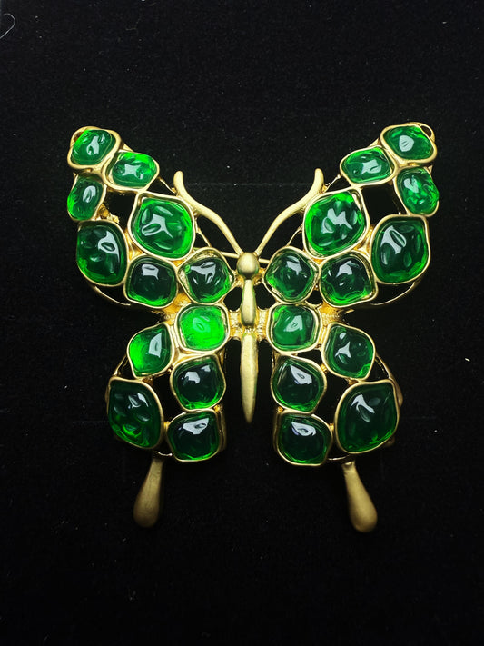Vintage Classic Heavy Craft Gold-Plated Brass Brooch with Green Glass Butterfly Inlay