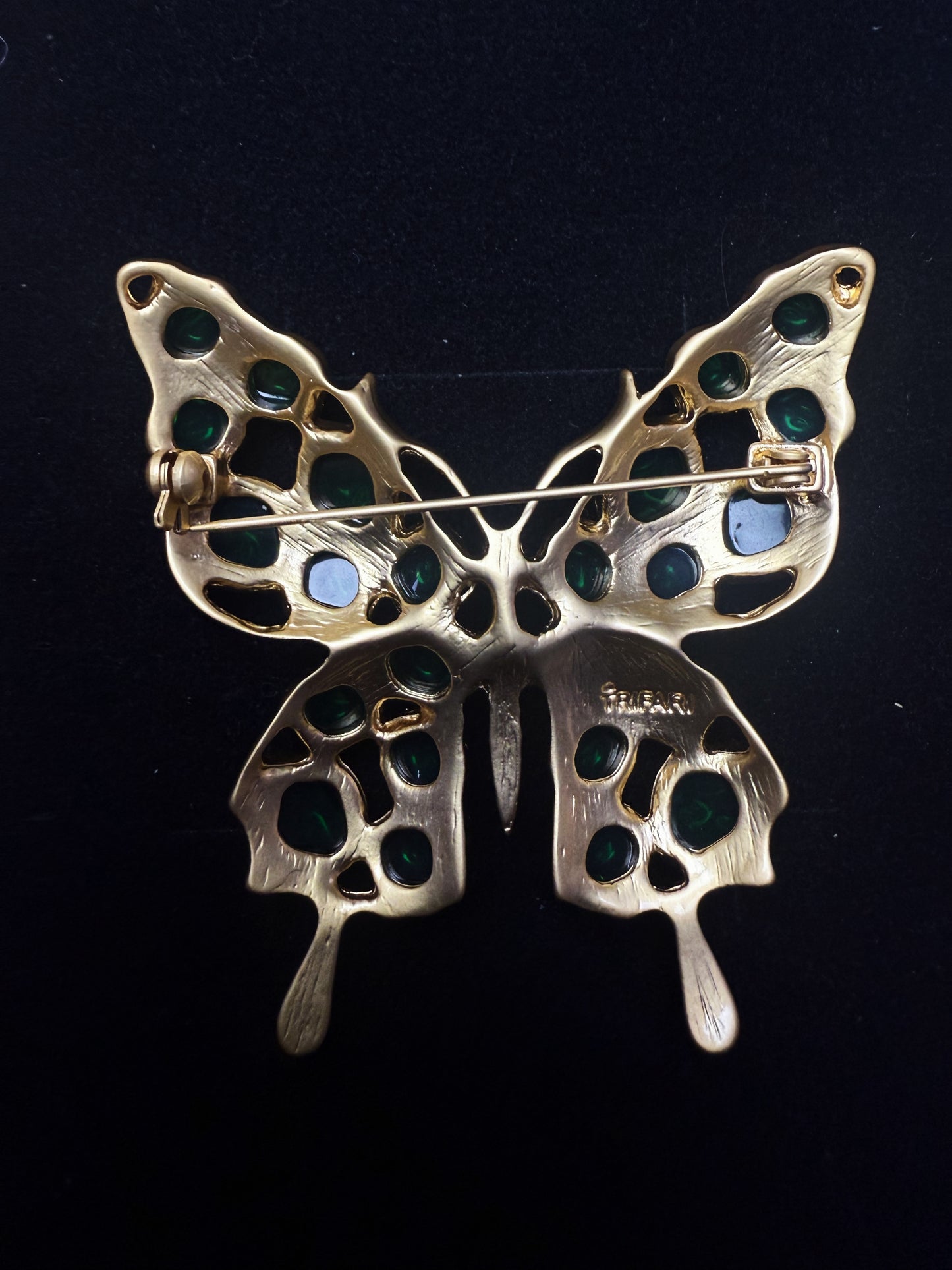 Vintage Classic Heavy Craft Gold-Plated Brass Brooch with Green Glass Butterfly Inlay