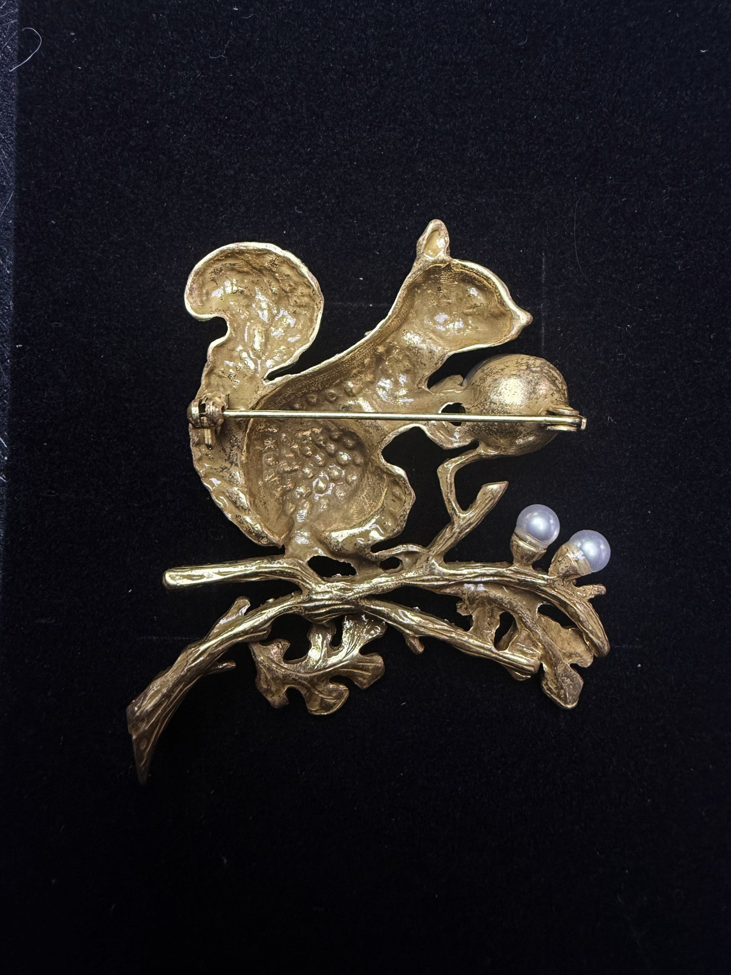 Vintage Heavy Craft Brass 18K Gold Plated Classic Squirrel on Tree Branch Brooch