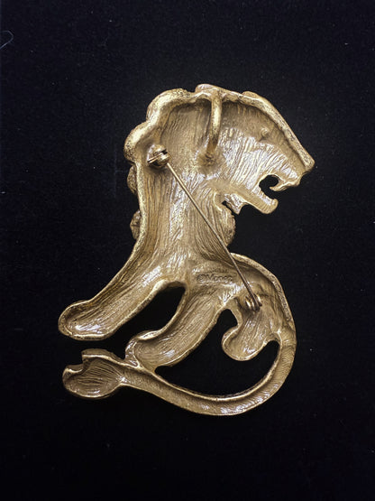 Vintage Heavy Craft Gold-Plated Brass Brooch with Natural Lapis Lazuli - Lion Design
