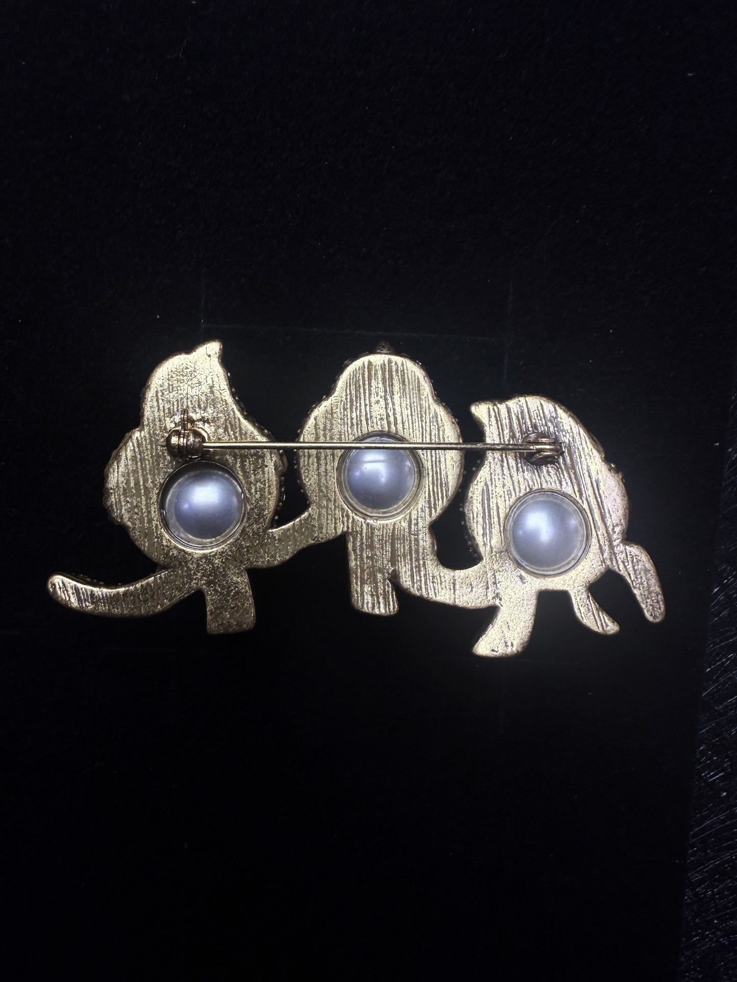 Vintage Heavy Craft Gold-Plated Brass Brooch with Czech Crystals and Freshwater Pearls - Three Little Birds