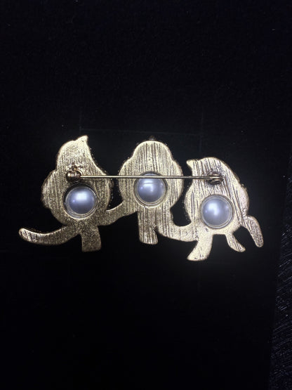 Vintage Heavy Craft Gold-Plated Brass Brooch with Czech Crystals and Freshwater Pearls - Three Little Birds