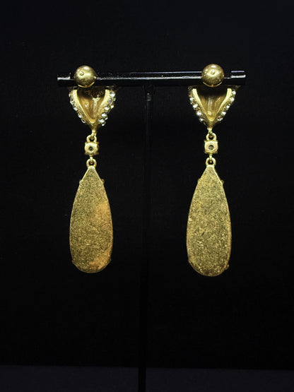 Vintage French-Inspired Heavy-Duty Copper Gold-Plated Rhinestone Pendant Stud Earrings