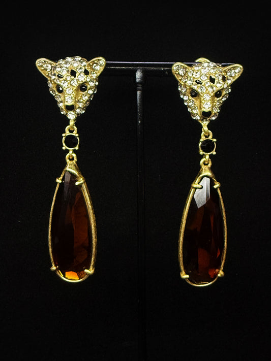 Vintage French-Inspired Heavy-Duty Copper Gold-Plated Rhinestone Pendant Stud Earrings