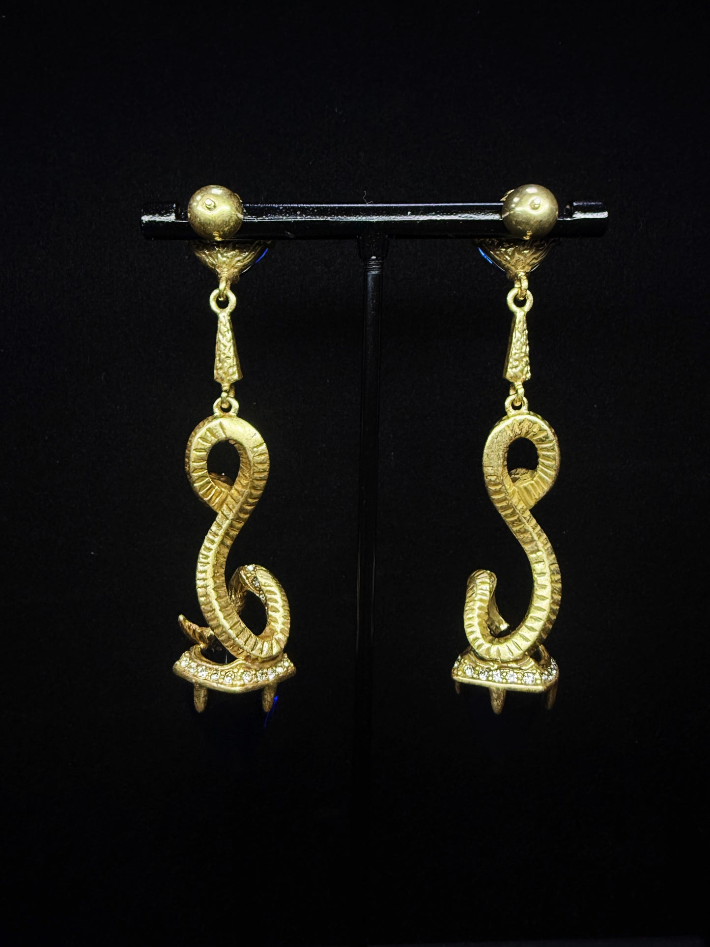 Vintage Copper Gold-Plated Little Snake Earrings with Blue Rhinestone Inlays