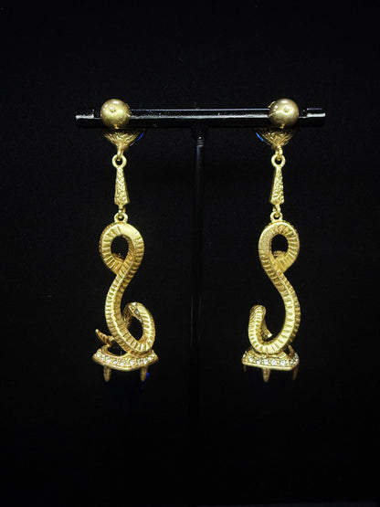 Vintage Copper Gold-Plated Little Snake Earrings with Blue Rhinestone Inlays