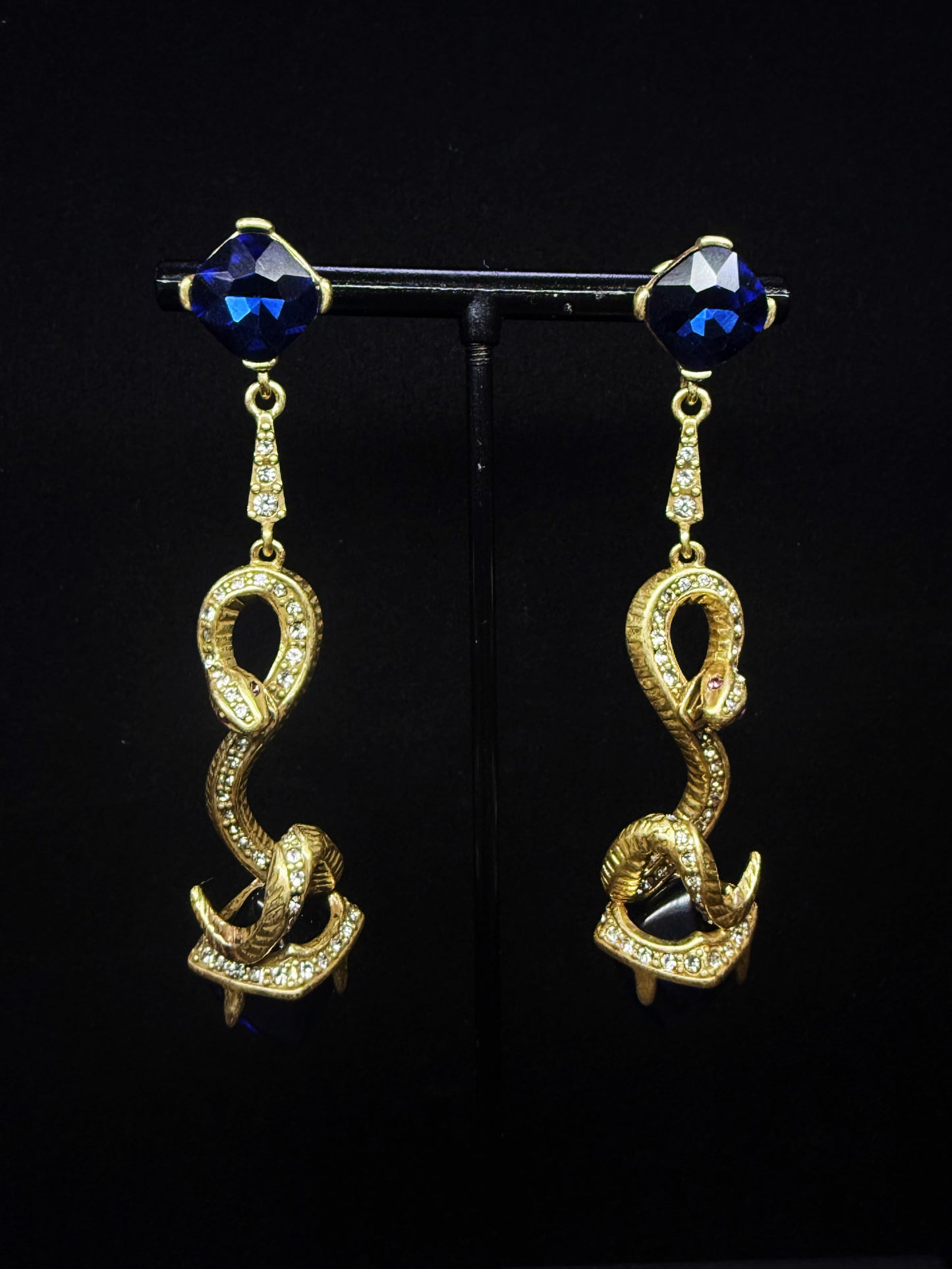 Vintage Copper Gold-Plated Little Snake Earrings with Blue Rhinestone Inlays