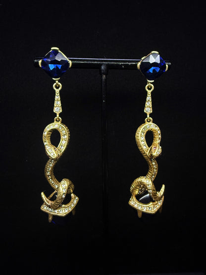 Vintage Copper Gold-Plated Little Snake Earrings with Blue Rhinestone Inlays