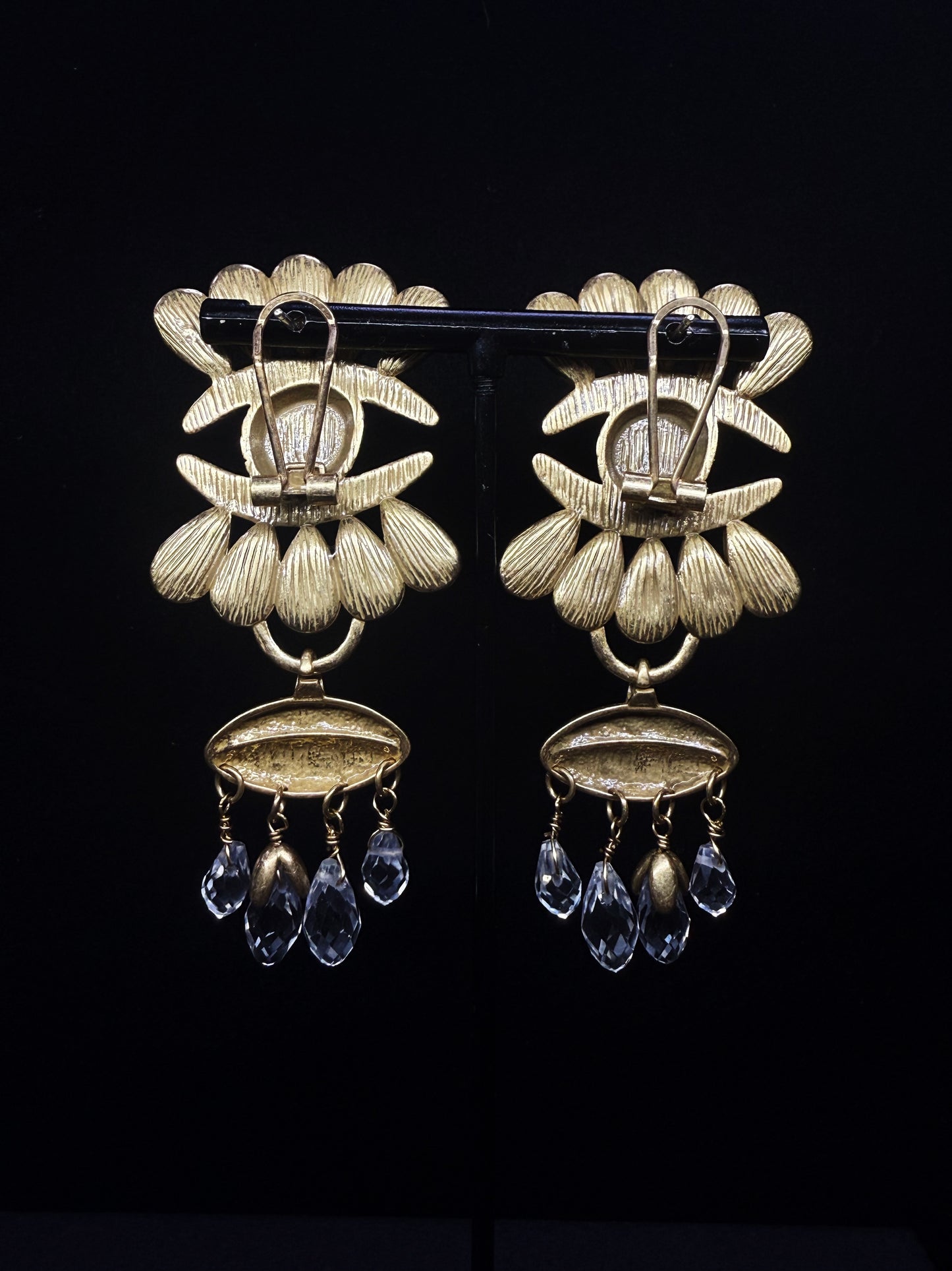 Vintage Retro Heavy-Duty Copper Gold-Plated Tassel Earrings with Water Crystal Inlays & Evil Eye Design