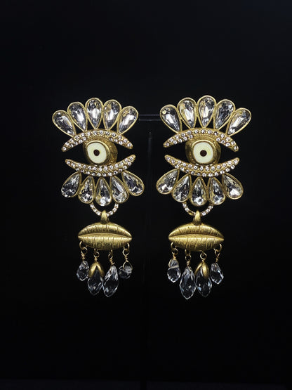 Vintage Retro Heavy-Duty Copper Gold-Plated Tassel Earrings with Water Crystal Inlays & Evil Eye Design