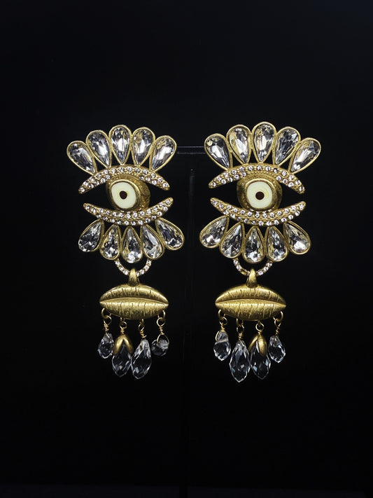Vintage Retro Heavy-Duty Copper Gold-Plated Tassel Earrings with Water Crystal Inlays & Evil Eye Design