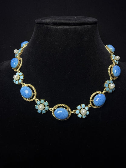 Vintage Elegant 18K Gold-Plated Brass Blue Natural Stone Floral Choker Necklace