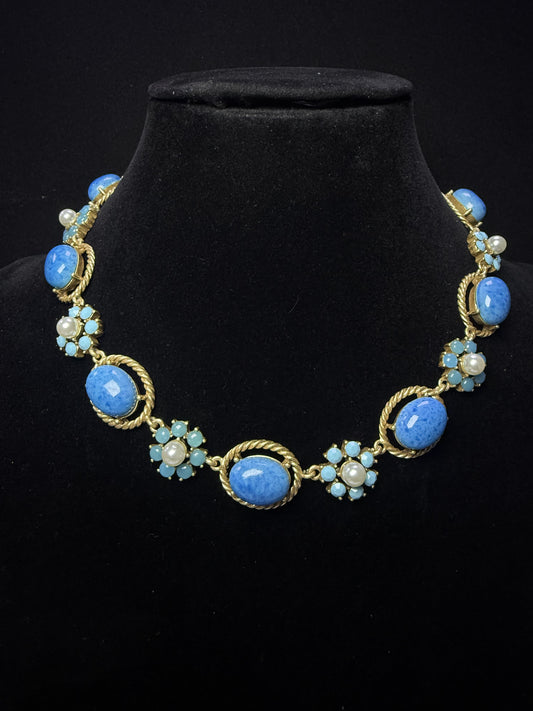 Vintage Elegant 18K Gold-Plated Brass Blue Natural Stone Floral Choker Necklace
