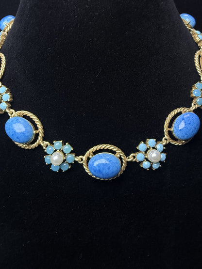 Vintage Elegant 18K Gold-Plated Brass Blue Natural Stone Floral Choker Necklace