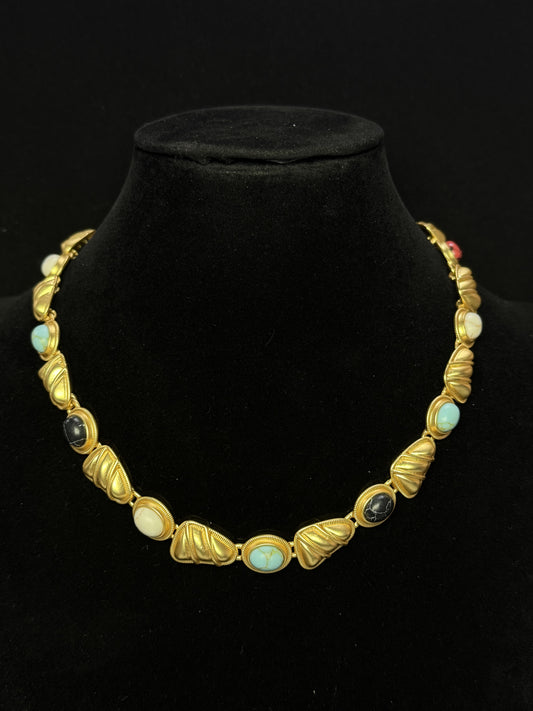 Vintage Heavy Craft European-Style 18K Gold-Plated Brass Multicolor Natural Stone Choker Necklace