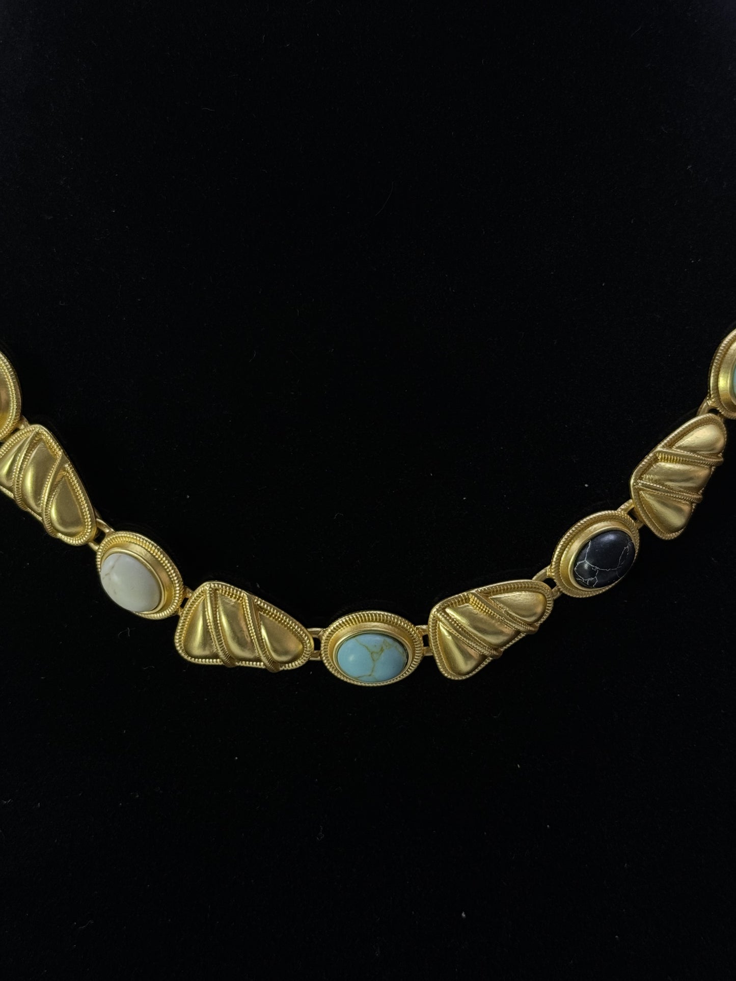 Vintage Heavy Craft European-Style 18K Gold-Plated Brass Multicolor Natural Stone Choker Necklace