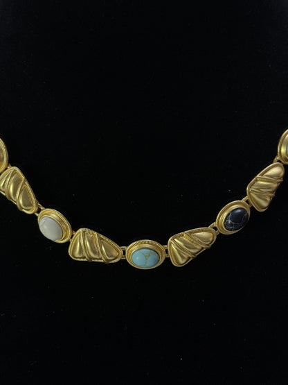 Vintage Heavy Craft European-Style 18K Gold-Plated Brass Multicolor Natural Stone Choker Necklace