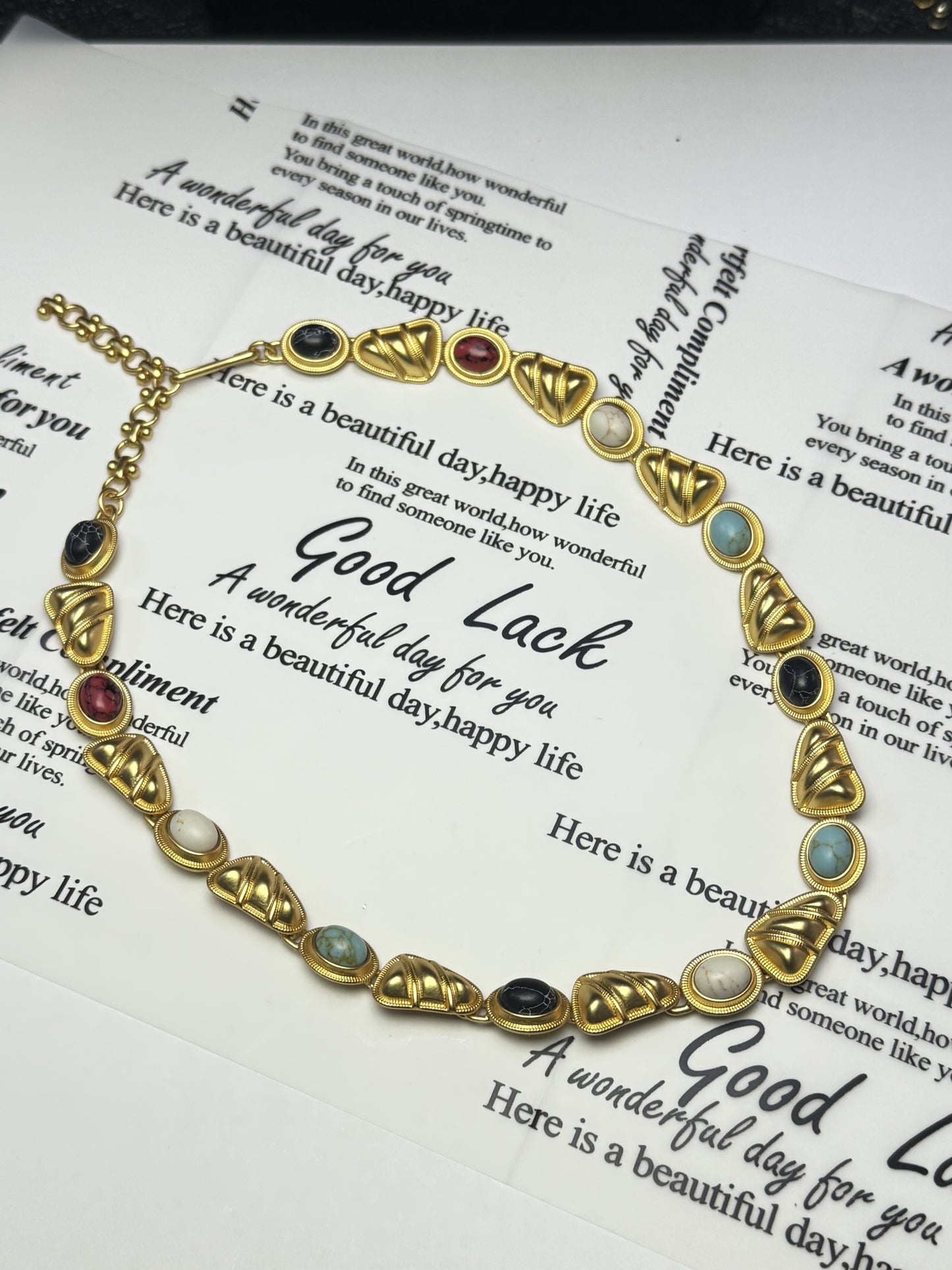 Vintage Heavy Craft European-Style 18K Gold-Plated Brass Multicolor Natural Stone Choker Necklace