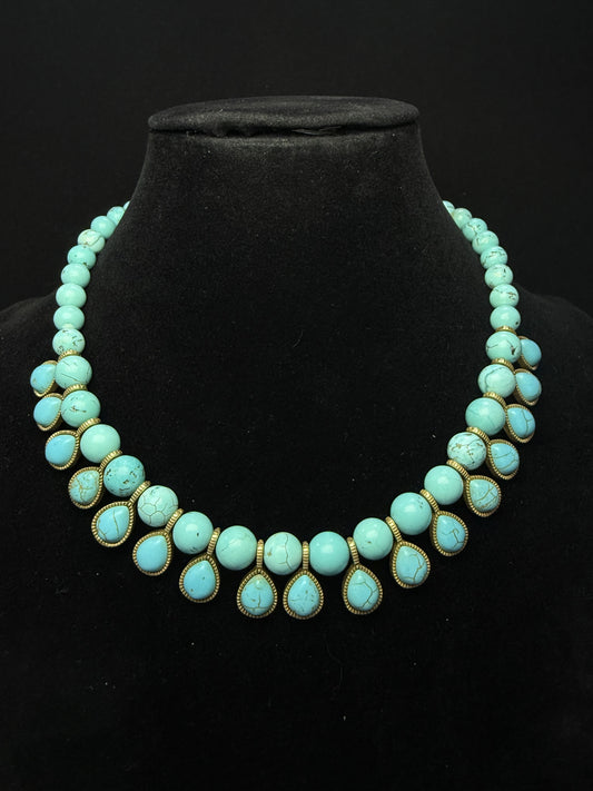 Vintage 18K Gold-Plated Brass Turquoise Choker Necklace