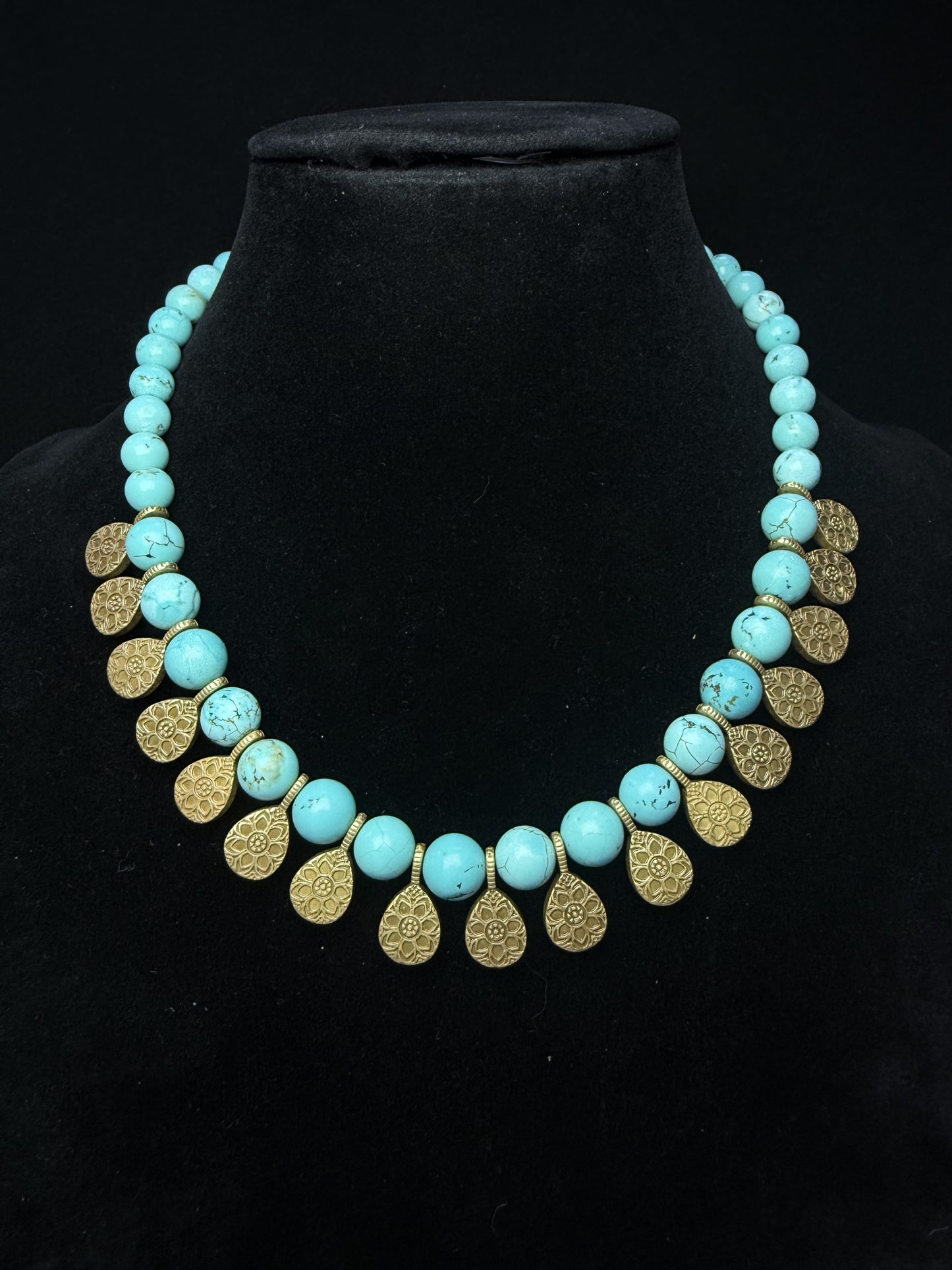 Vintage 18K Gold-Plated Brass Turquoise Choker Necklace