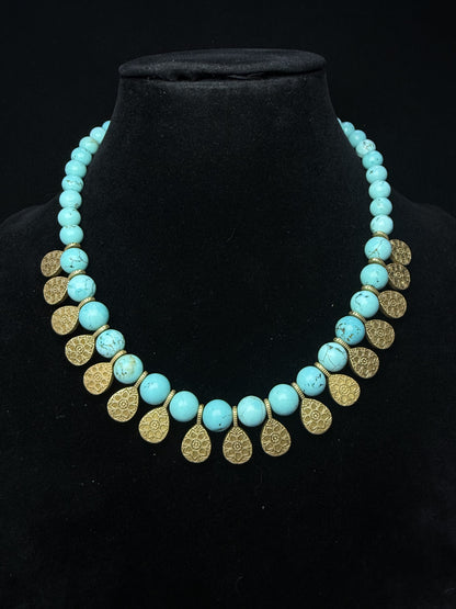 Vintage 18K Gold-Plated Brass Turquoise Choker Necklace