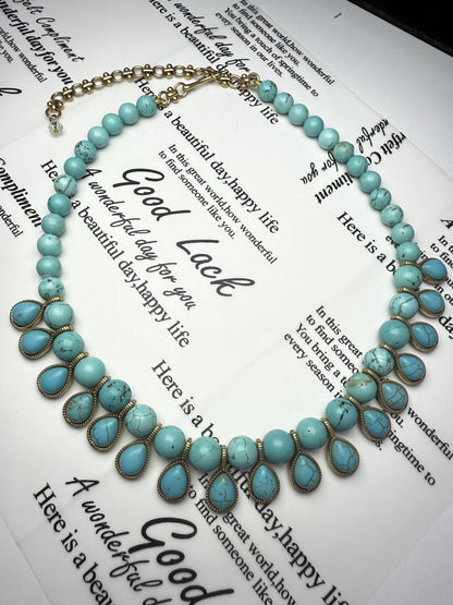 Vintage 18K Gold-Plated Brass Turquoise Choker Necklace