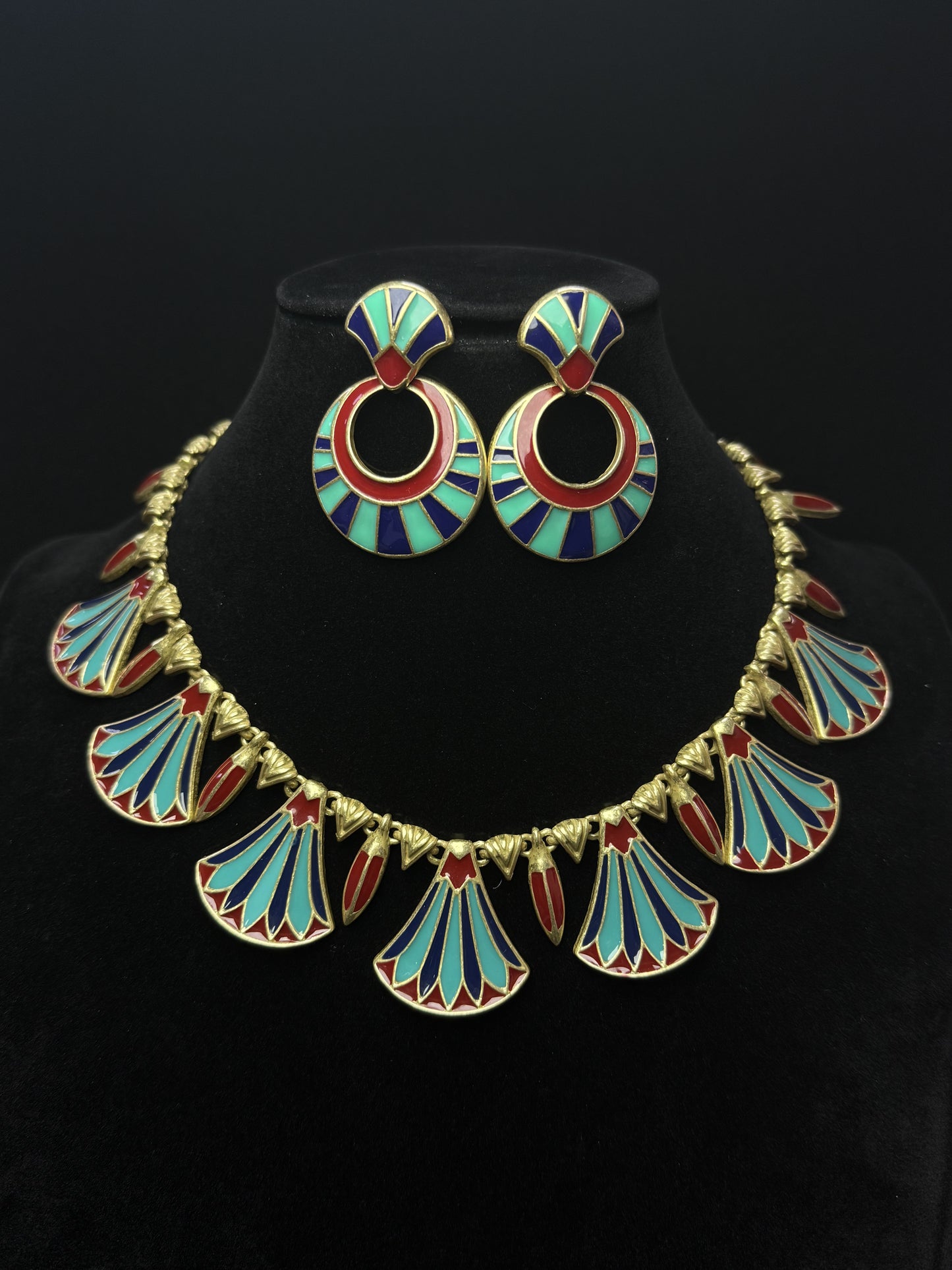 Vintage Palace Style Gold-Plated Brass Enamel Fan Earrings & Necklace Set