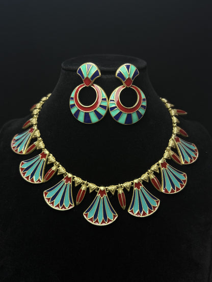 Vintage Palace Style Gold-Plated Brass Enamel Fan Earrings & Necklace Set
