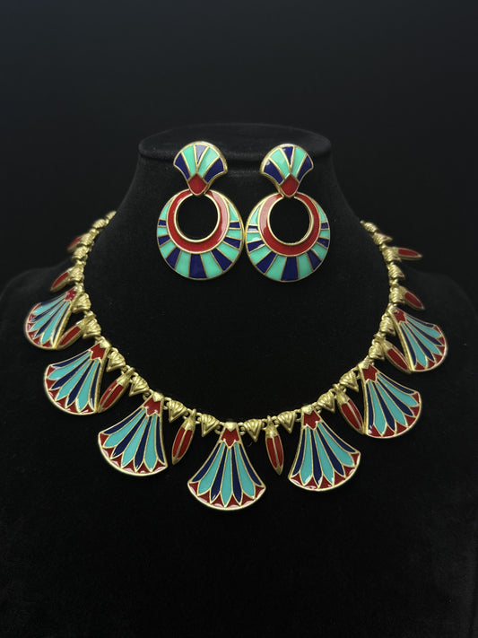 Vintage Palace Style Gold-Plated Brass Enamel Fan Earrings & Necklace Set