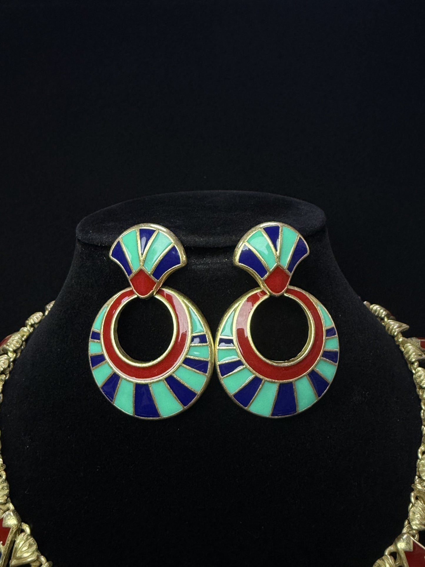 Vintage Palace Style Gold-Plated Brass Enamel Fan Earrings & Necklace Set