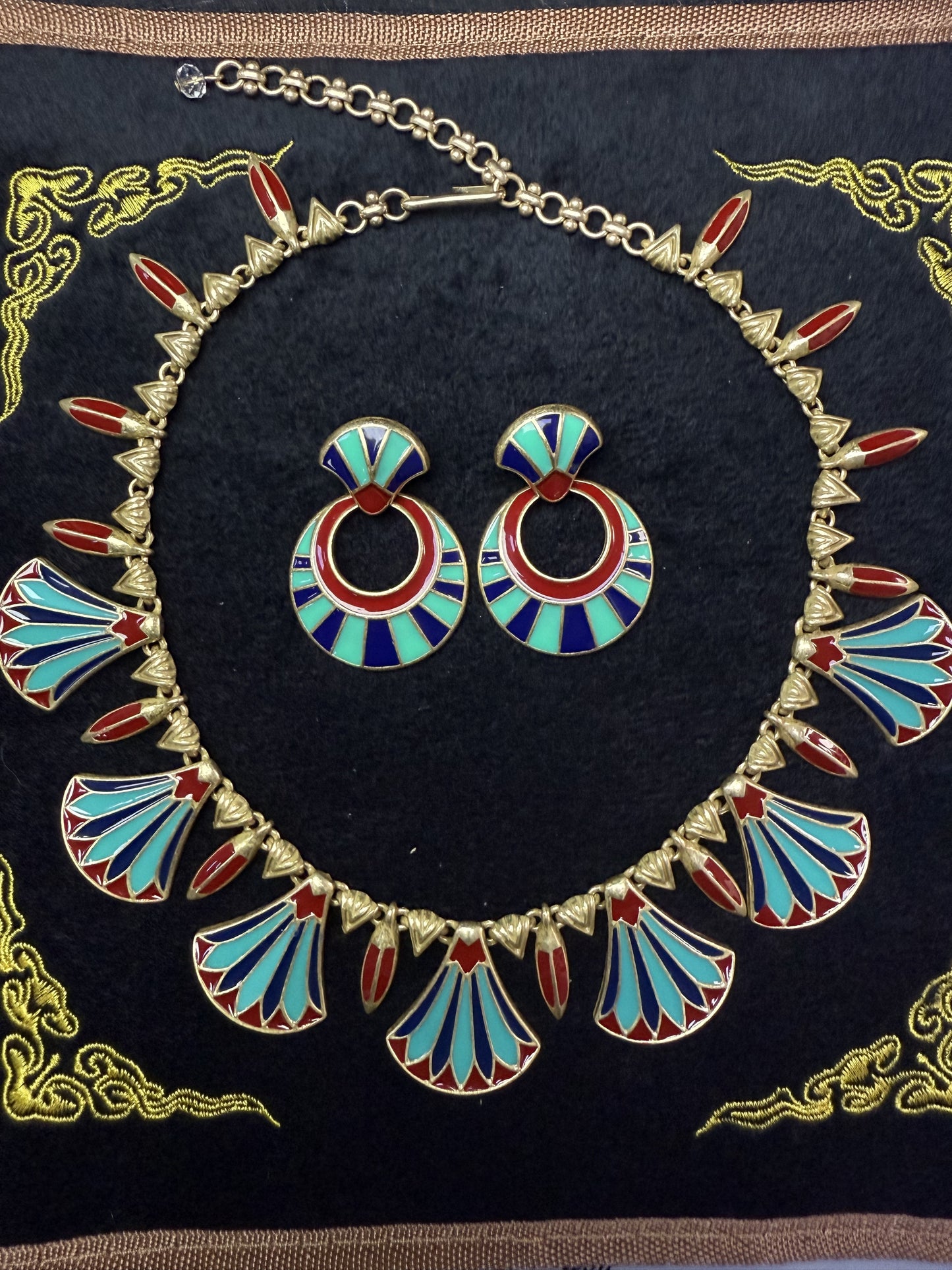 Vintage Palace Style Gold-Plated Brass Enamel Fan Earrings & Necklace Set