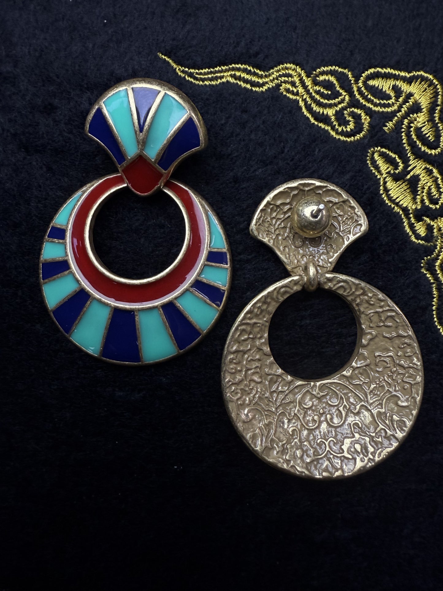 Vintage Palace Style Gold-Plated Brass Enamel Fan Earrings & Necklace Set