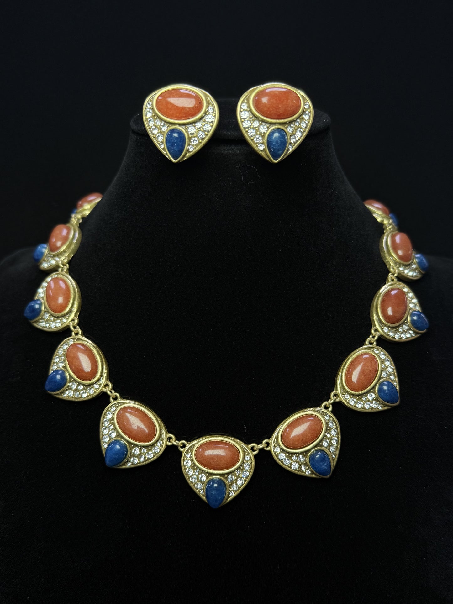 Luxury Vintage Heavy Craft Gold-Plated Copper Red & Blue Agate Inlaid Heart Stud Earrings & Necklace Set