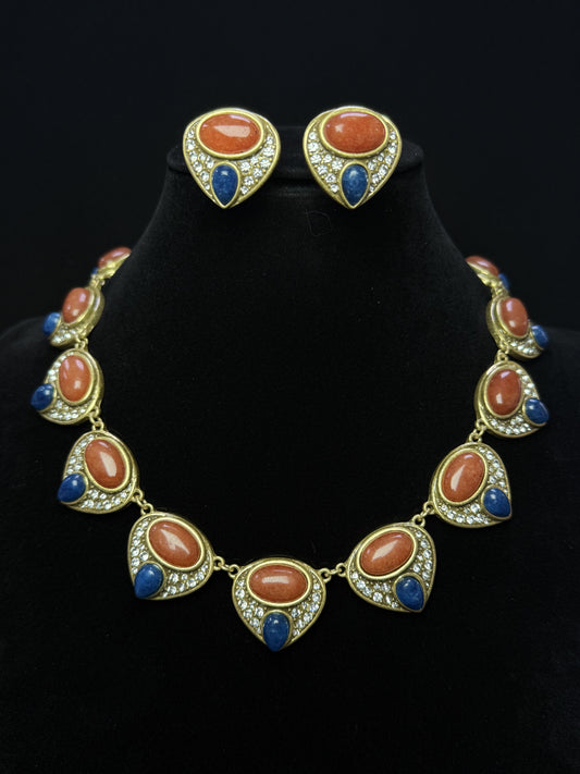 Luxury Vintage Heavy Craft Gold-Plated Copper Red & Blue Agate Inlaid Heart Stud Earrings & Necklace Set